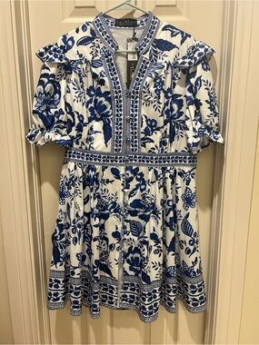 Lai-Meng Five Cats White Dress with Blue Floral Embroidery NWT